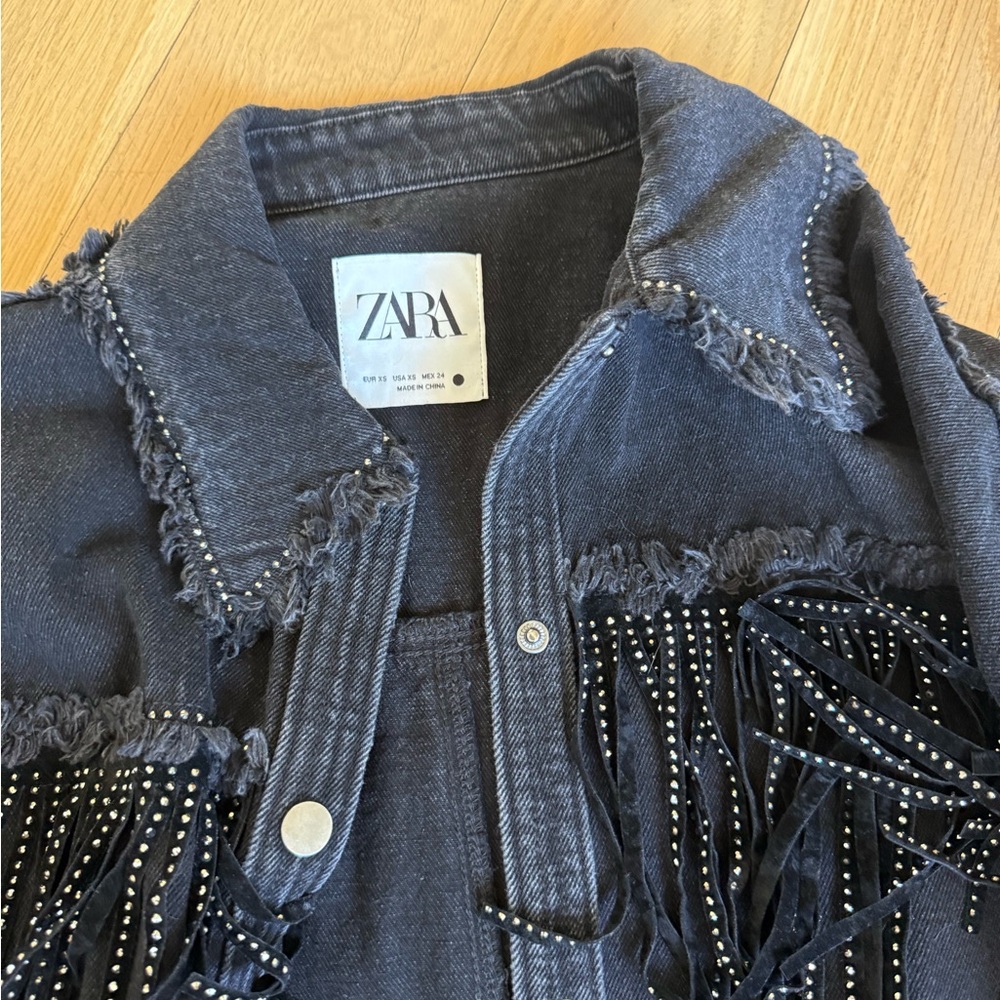 Zara Black Distressed Denim Fringe Jacket with Studs